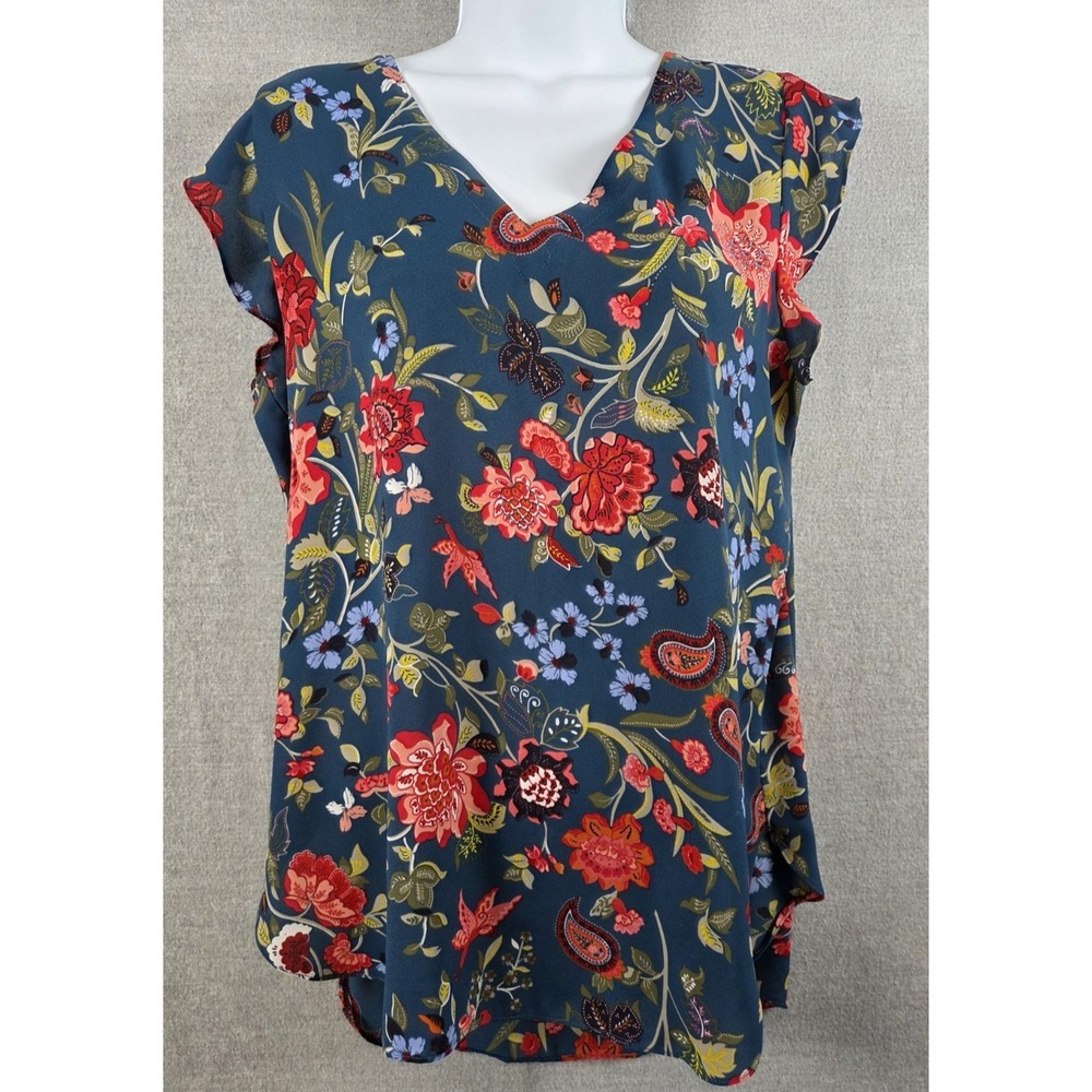 Ann Taylor LOFT Blouse Womens M Blue Floral Ruffle Flowy Cottagecore Fairyโ Boho